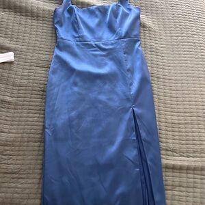 Lulu's Periwinkle Satin Midi Dress with Side Slit